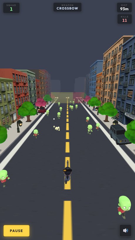 Painted chibi facades and street trees lining the endless road, a SHIELD gate ahead
