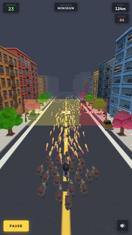 A 23-strong squad marching up the center line behind a wall of minigun tracers